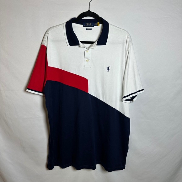 Polo Ralph Lauren Polo Shirt Mens XL White Red Navy Classic Fit Colorblock - Picture 1 of 13